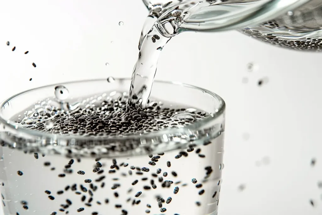 pouring room temperature water over chia seeds in glass to begin tadpole water recipe for weight loss drink