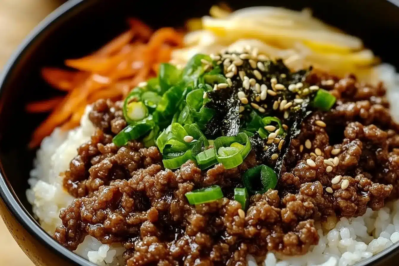 Delicious Korean Ground Beef Bowl with rice and vegetables