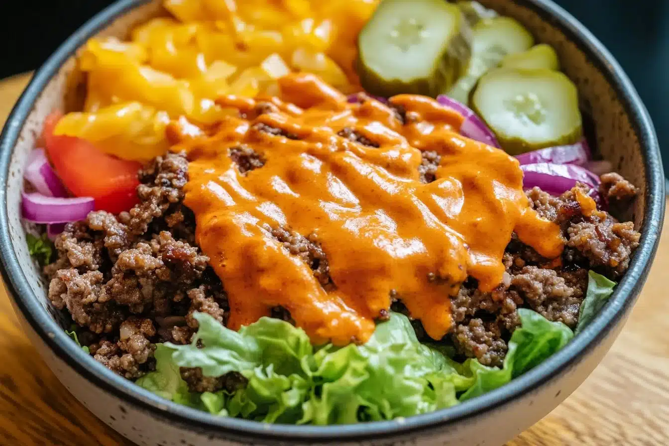Low-carb cheeseburger bowl with tangy sauce served in a dish