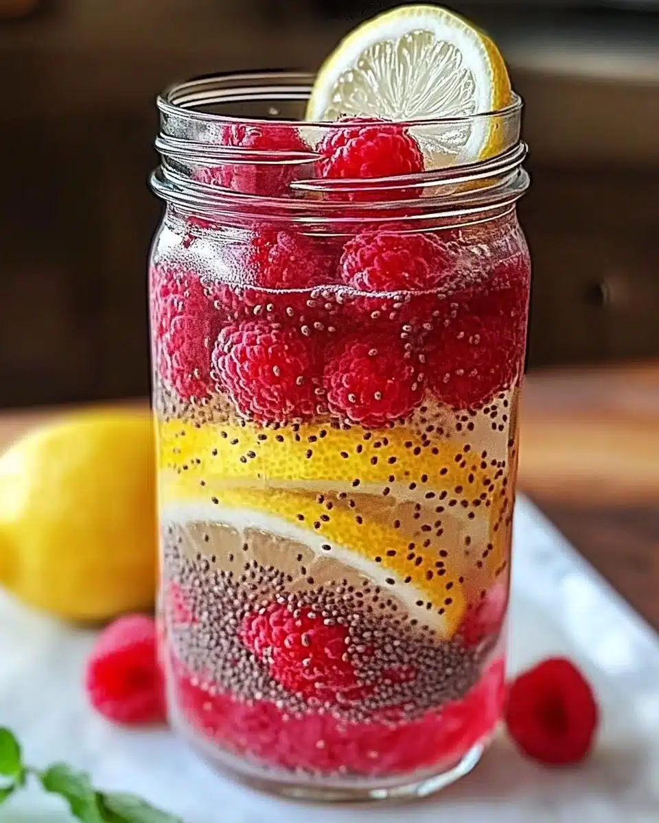 Raspberry Lemon Chia Seed Water in a glass, garnished with fresh lemon and raspberries.