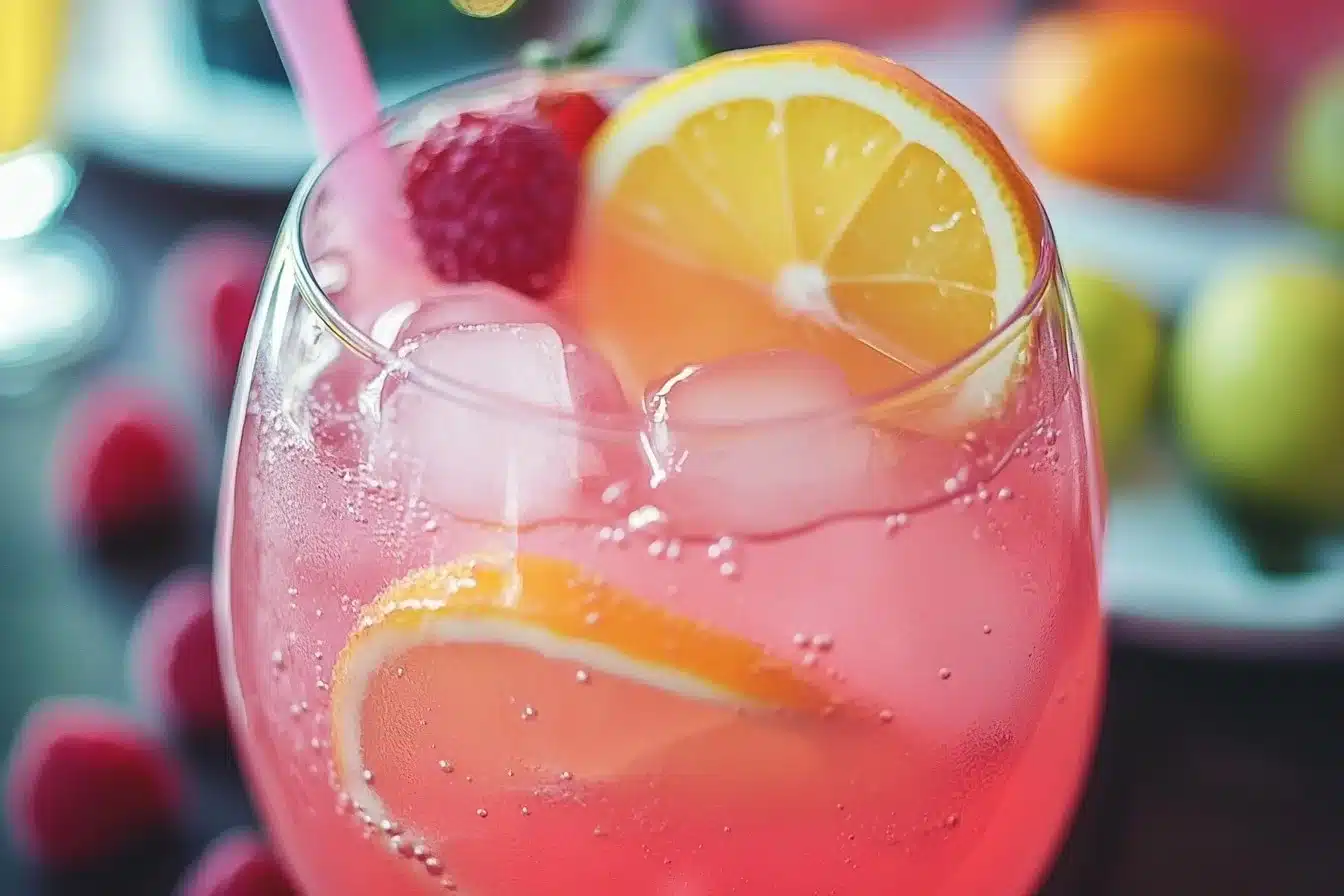 A glass of refreshing pink punch garnished with fruit slices, perfect for summer parties.