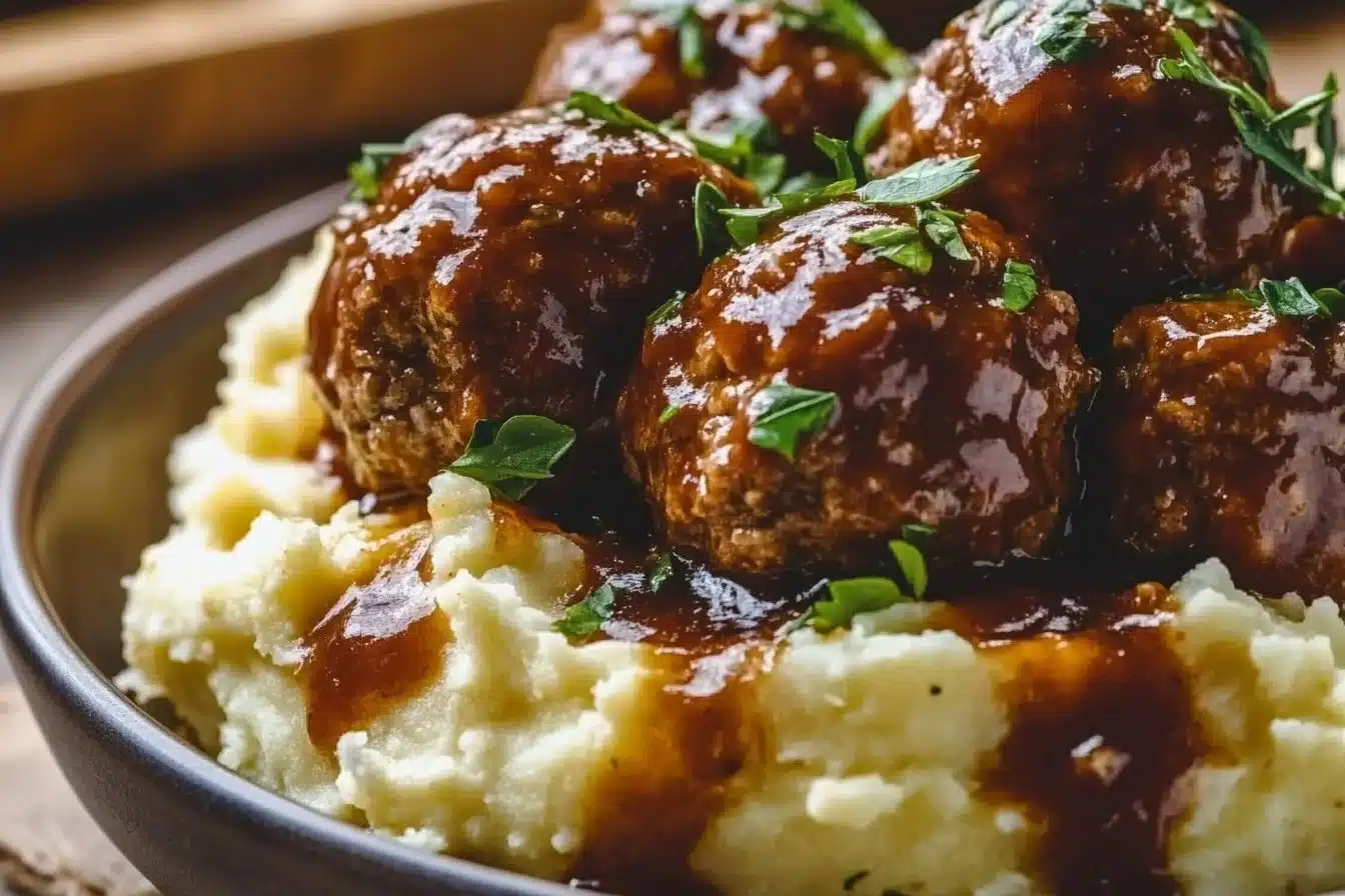 Salisbury Steak Meatballs with Garlic Herb Mashed Potatoes 35 Salisbury Steak Meatballs with Garlic Herb Mashed Potatoes