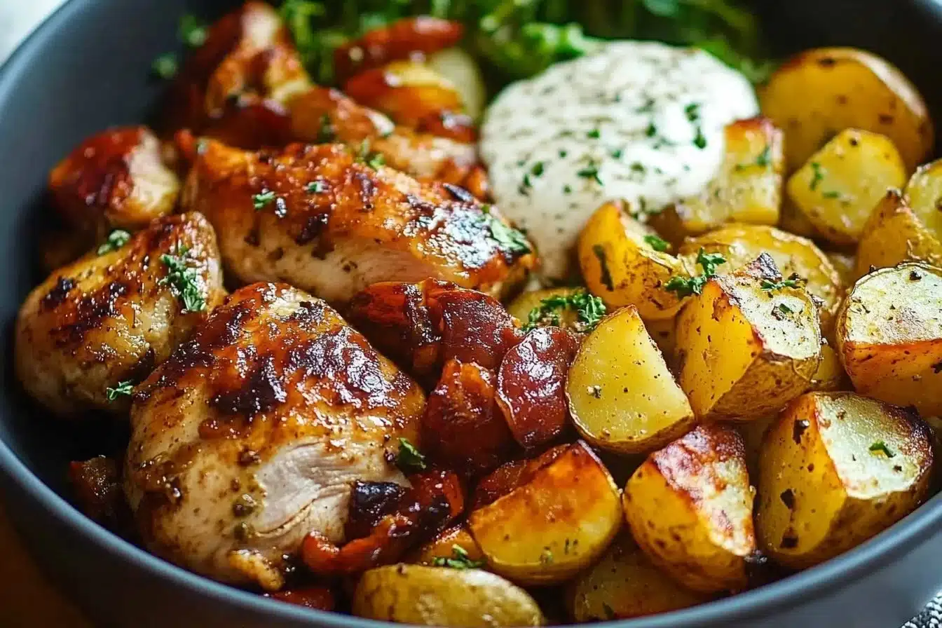 Healthy Skinny Chicken Bowl with roasted potatoes and colorful vegetables
