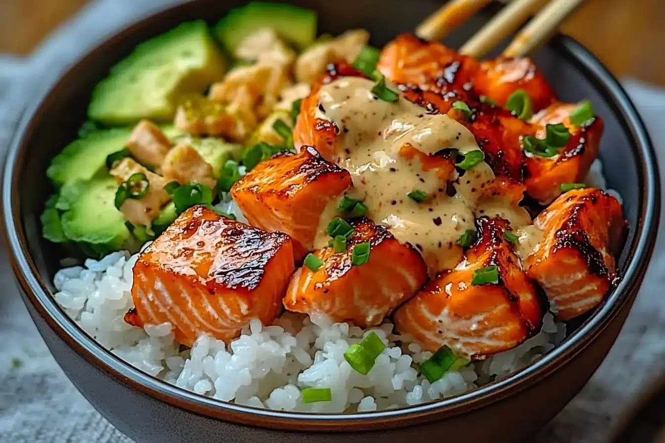 Sriracha honey salmon bowls topped with fresh vegetables and rice
