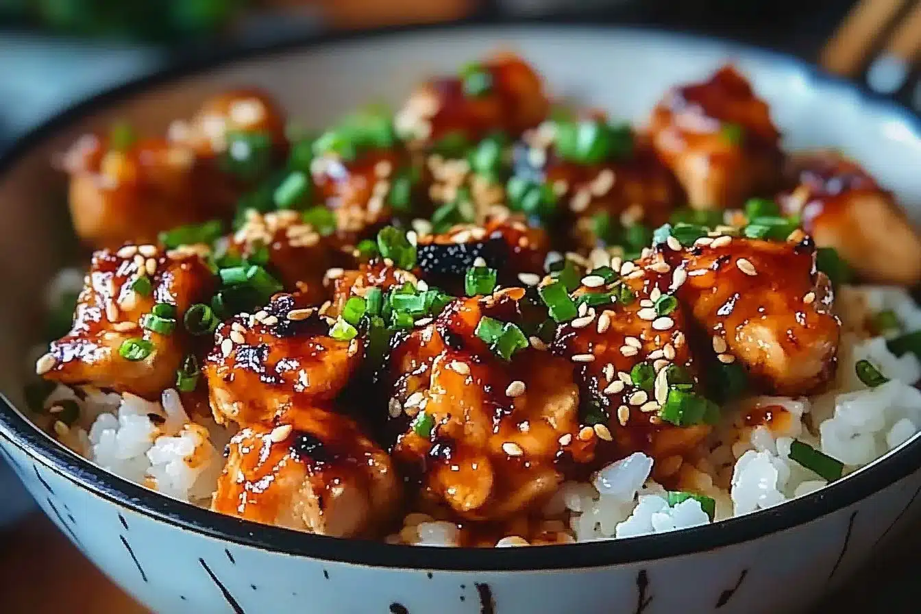 Sticky chicken rice bowls topped with sauce and vegetables
