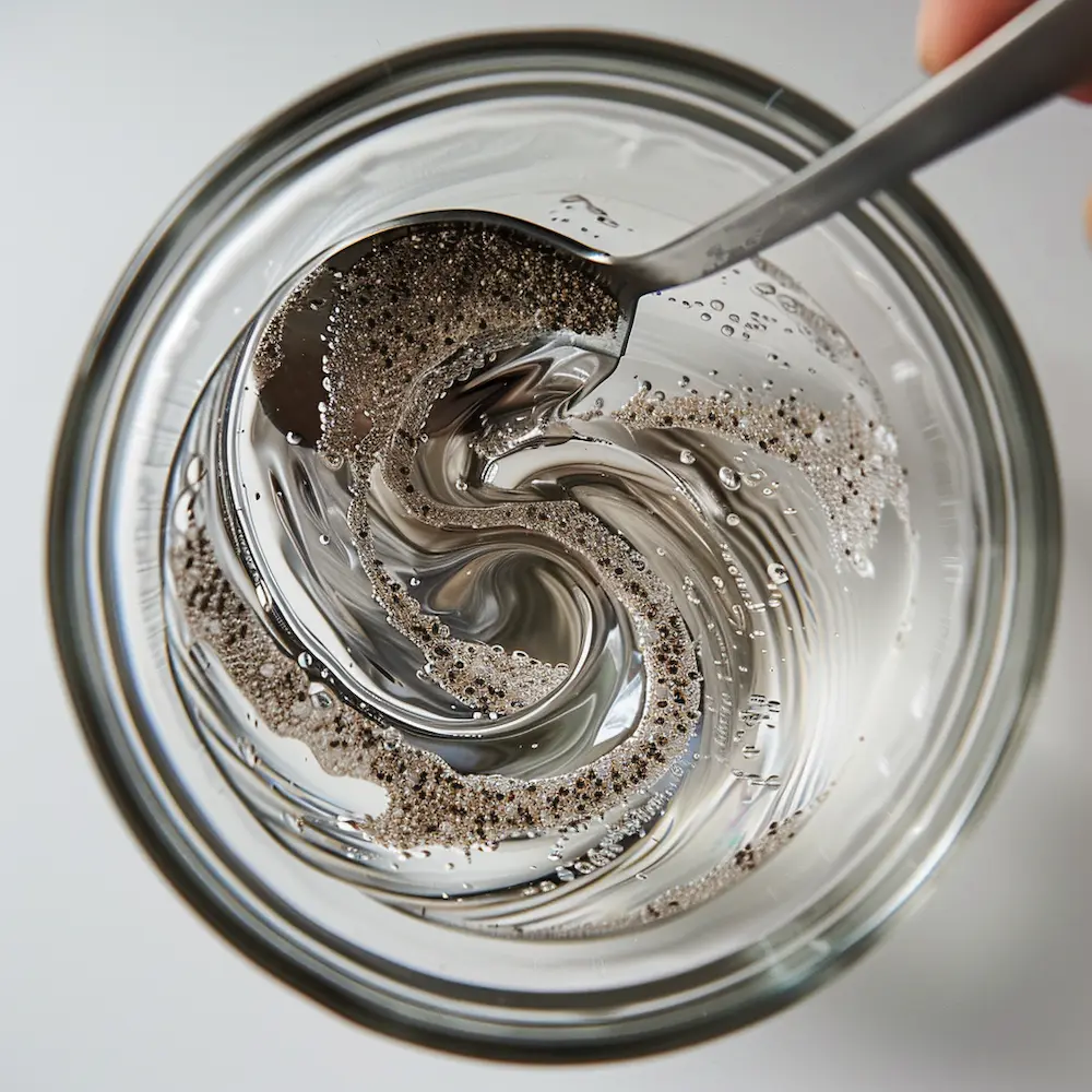 stirring chia seed water mixture vigorously with spoon to prevent clumping in tadpole water recipe preparation
