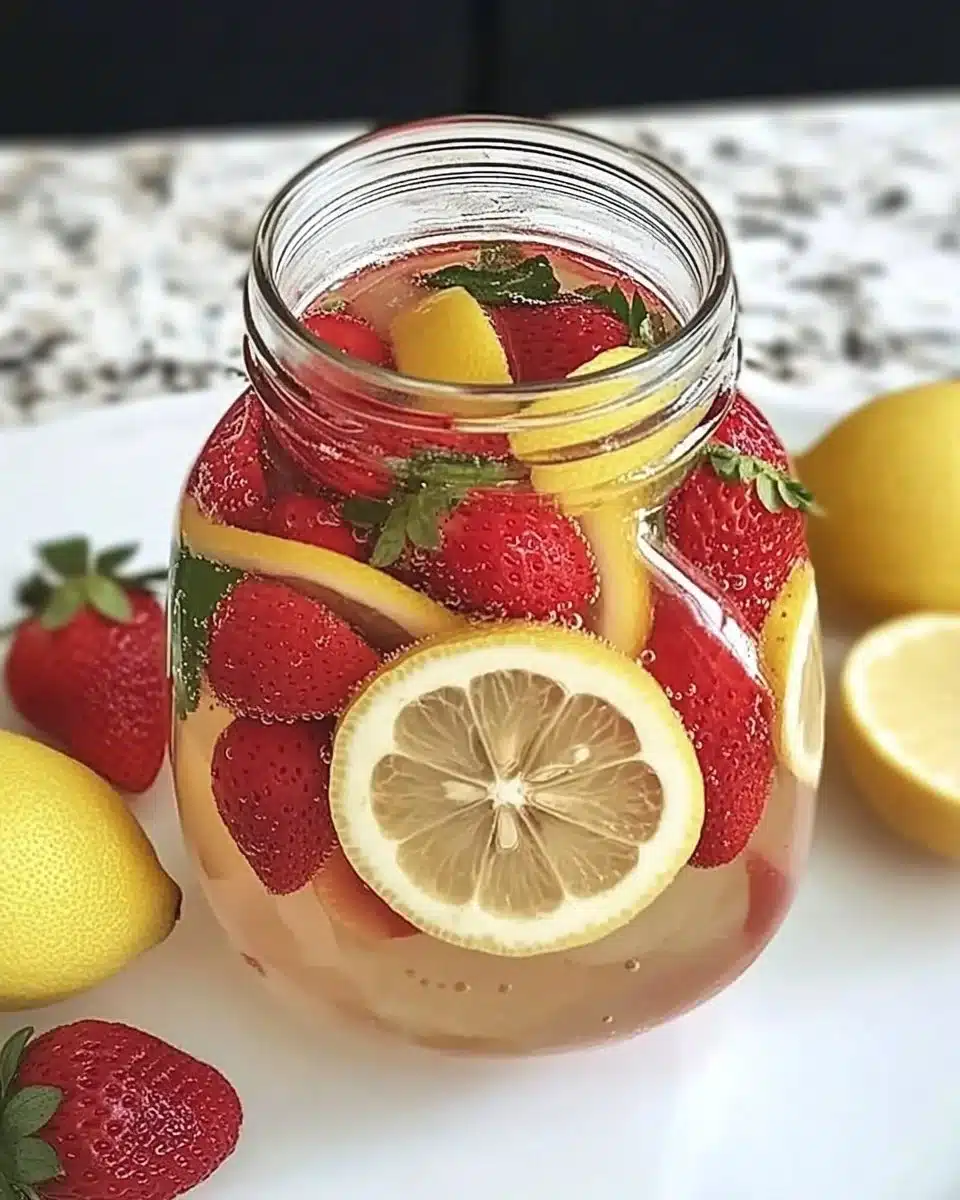 Strawberry Lemon Detox Water in a glass with fresh strawberries and lemon slices