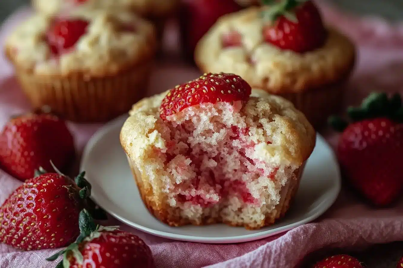 Delicious strawberry protein muffins on a wooden table.