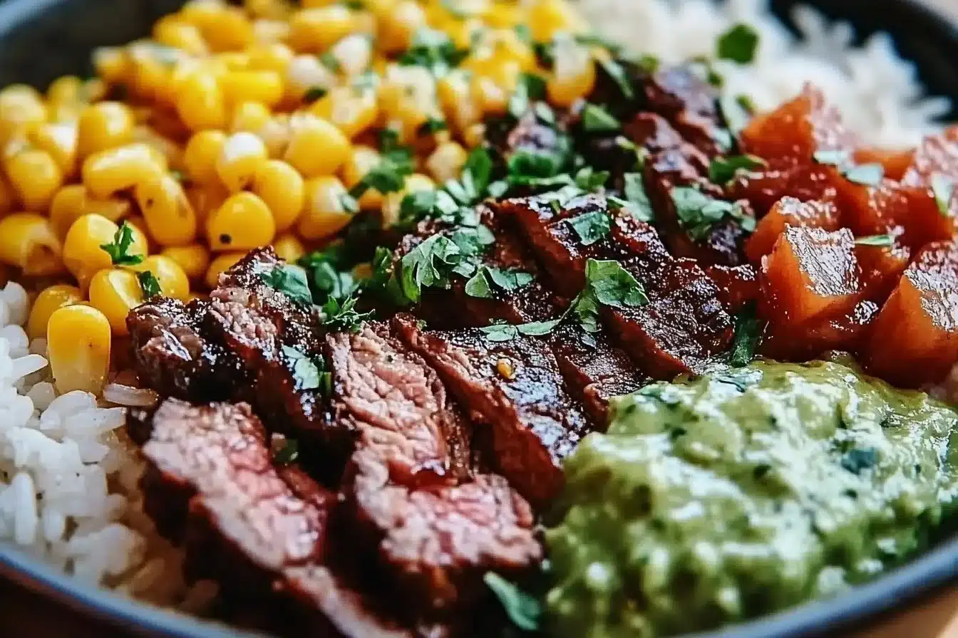 Street corn steak rice bowl topped with fresh cilantro and lime