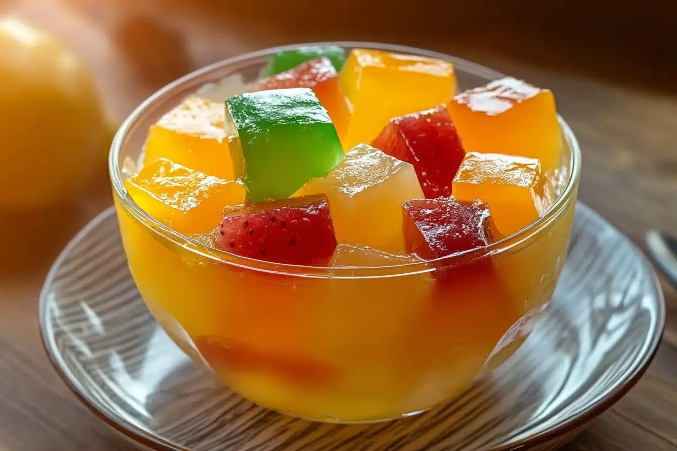 Homemade sugar-free fruit gelatin dessert in a bowl with colorful fruits.
