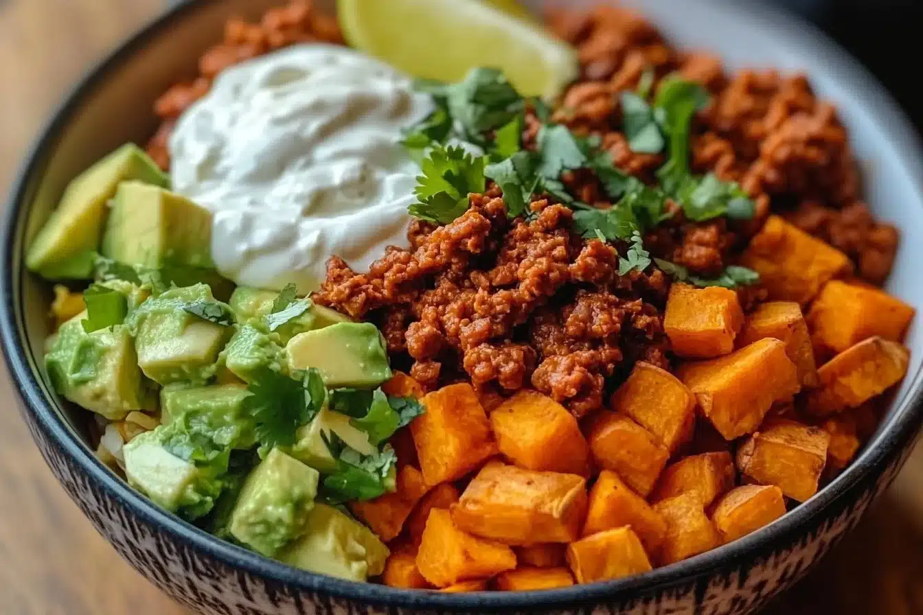 Delicious sweet potato taco bowl topped with fresh ingredients