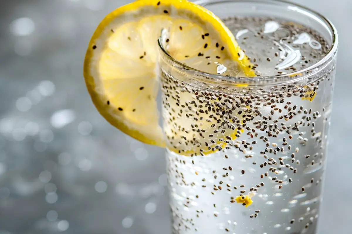 tadpole water recipe showing chia seeds soaked in clear glass with lemon creating gel-like tadpole appearance for weight loss