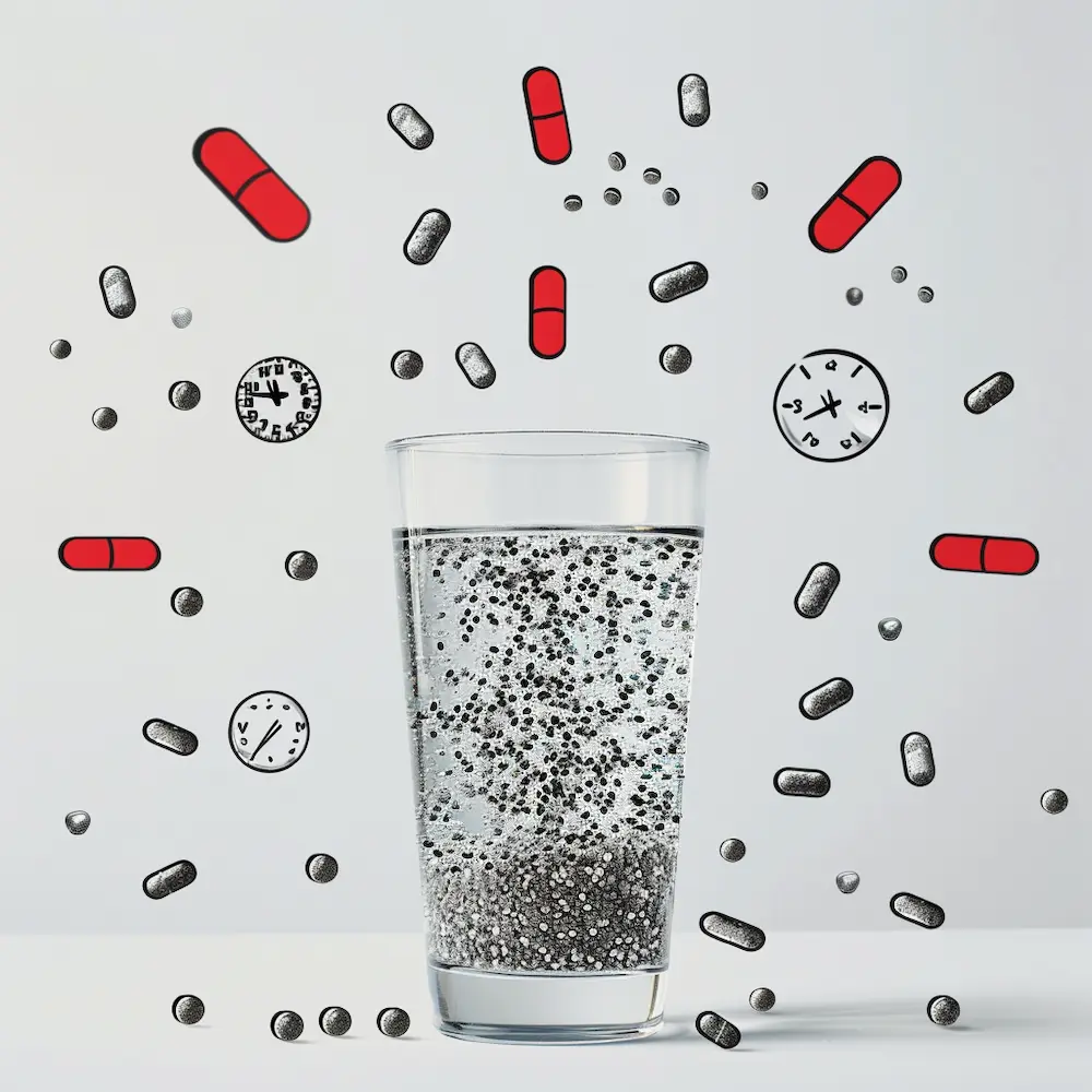 tadpole water recipe warning infographic showing choking hazard, digestive warnings, and medication interactions for chia seeds
