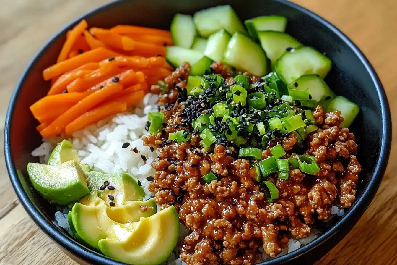 Teriyaki ground turkey bowl with colorful vegetables and rice