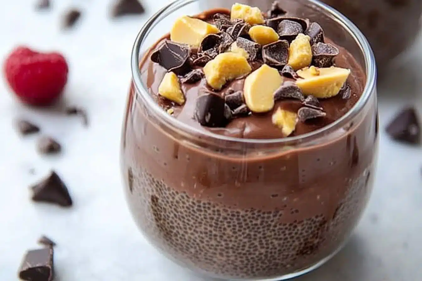 Delicious peanut butter chocolate chia pudding topped with chocolate shavings.