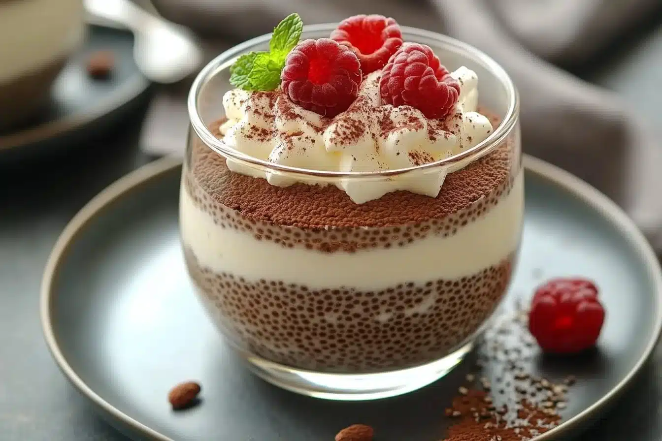 Delicious tiramisu chia pudding topped with cocoa and coffee flavors