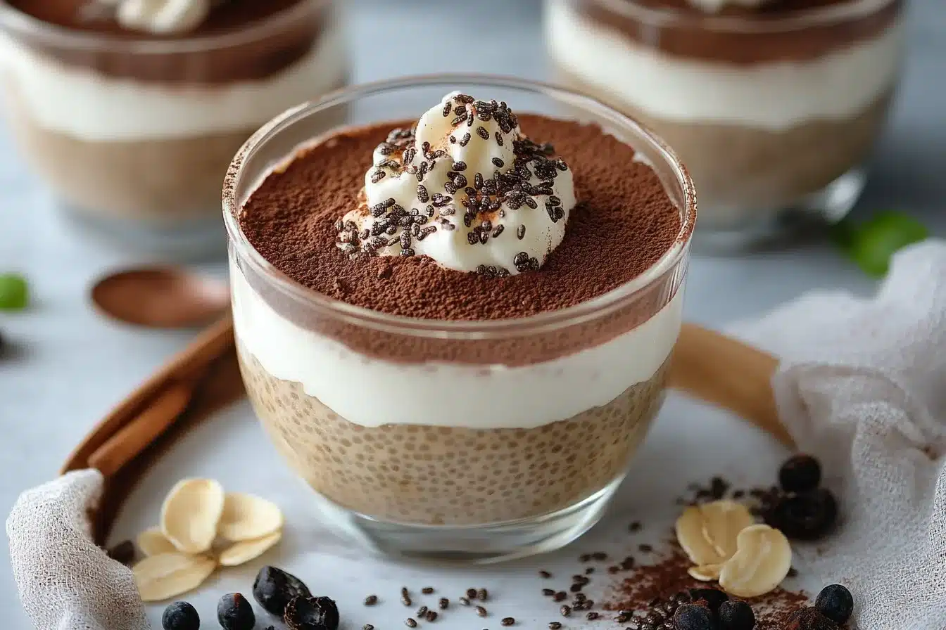 Delicious tiramisu chia pudding with Greek yogurt in a glass
