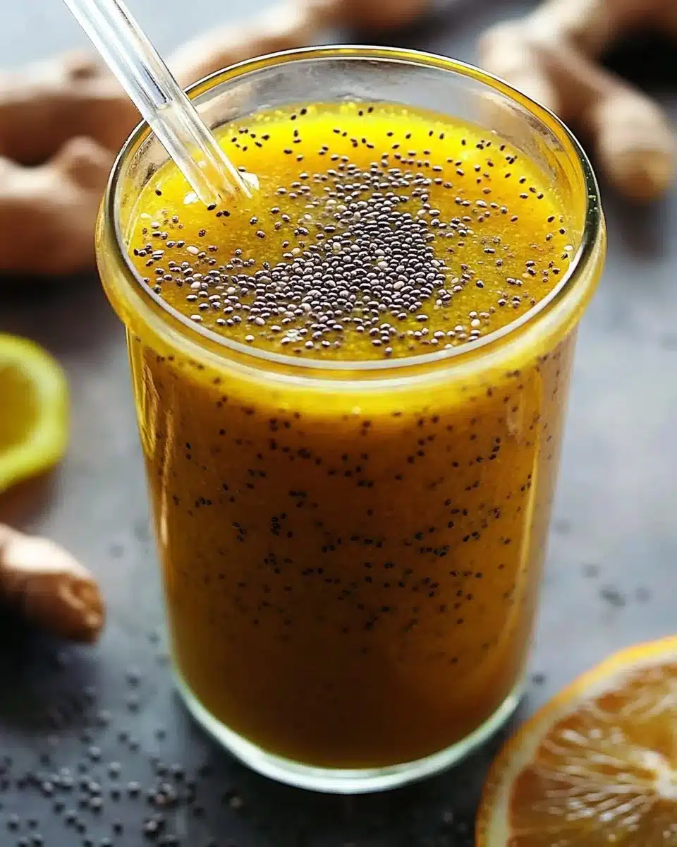 Turmeric-Ginger Chia Tonic in a glass garnished with spices and chia seeds