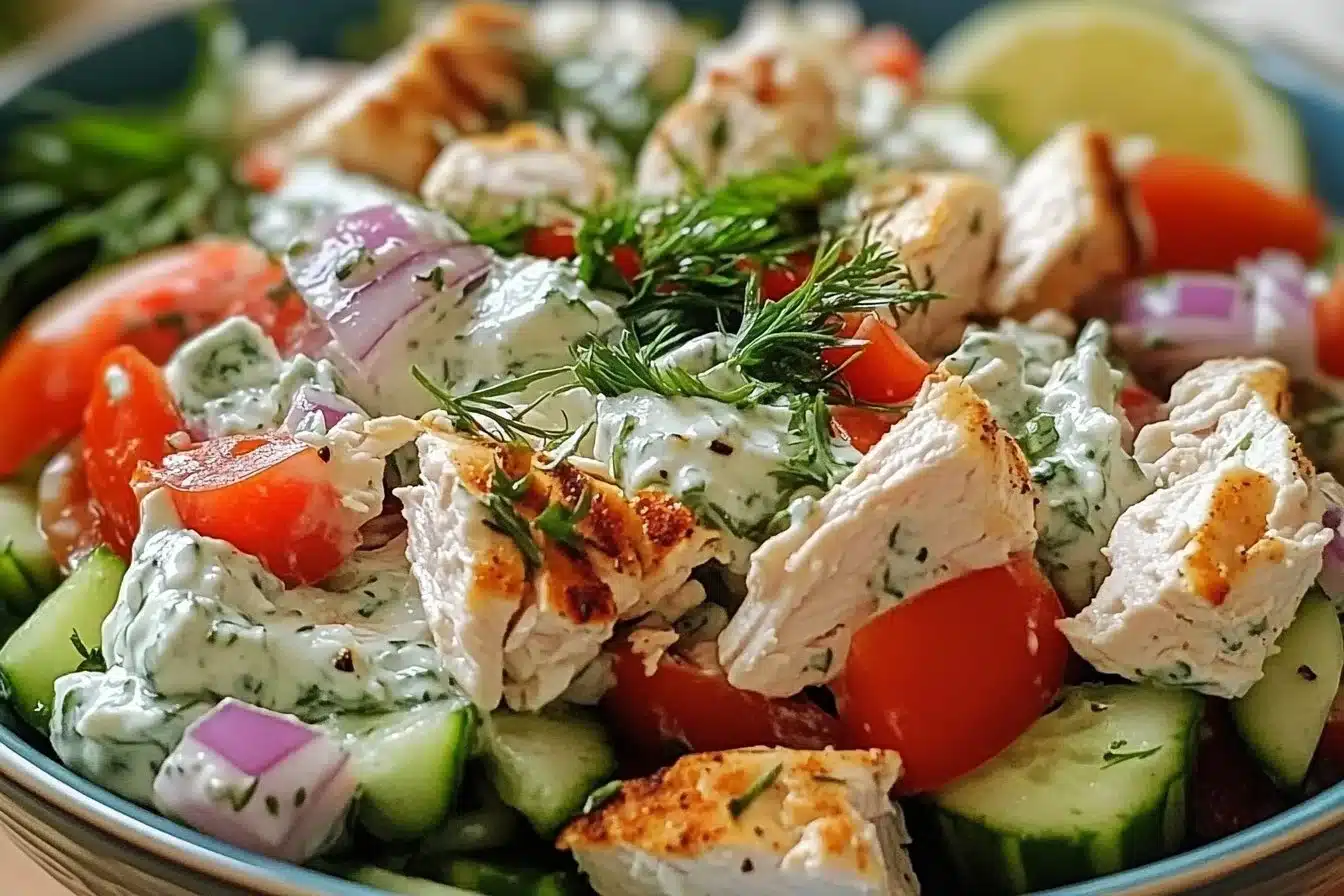 Delicious Tzatziki Chicken Salad with fresh vegetables and creamy dressing