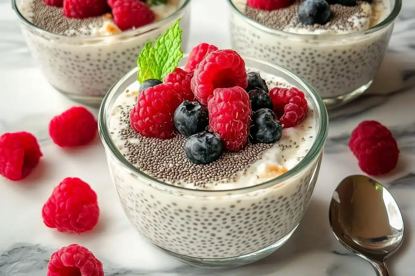 Delicious vanilla coconut milk chia pudding in a clear bowl with toppings.