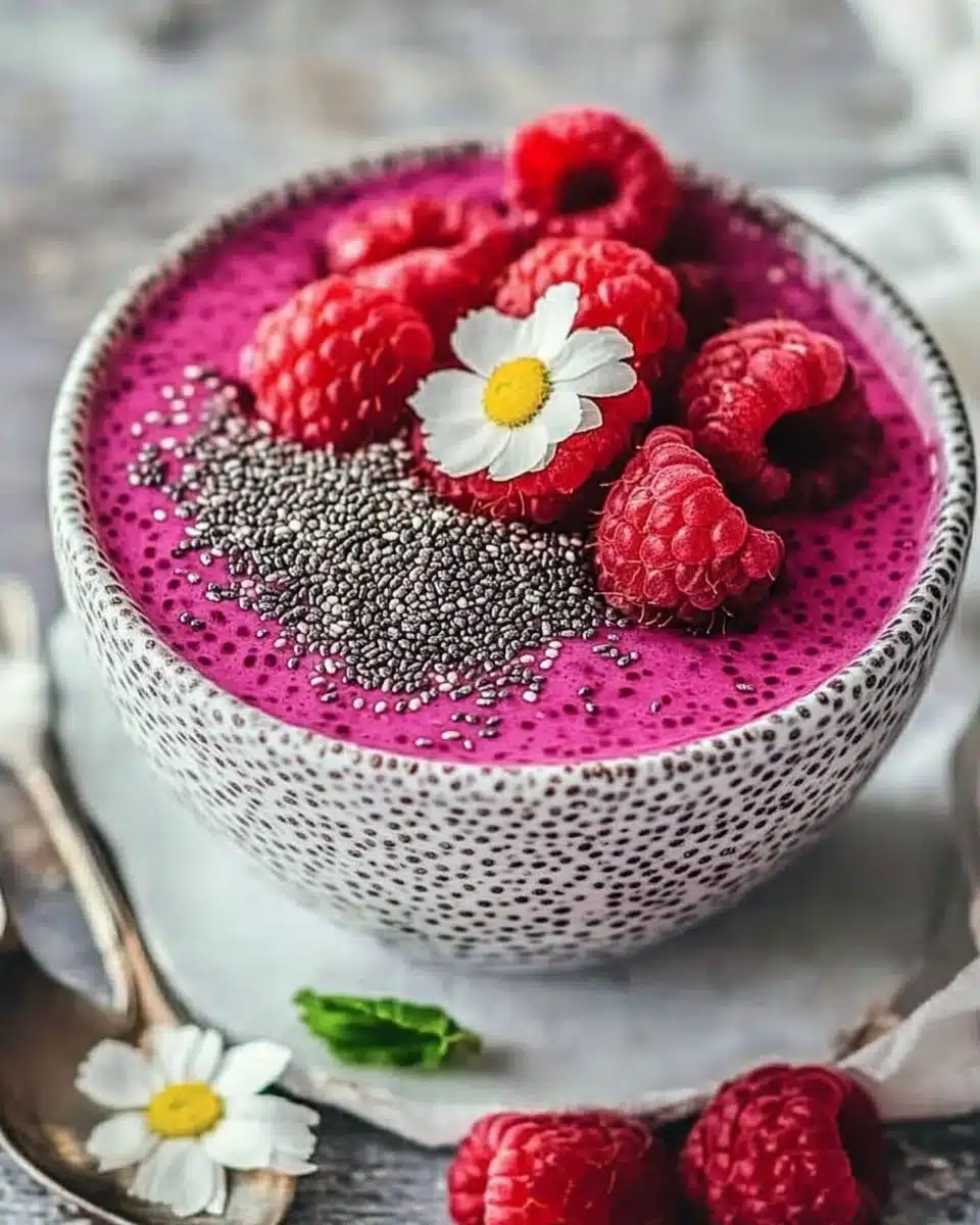 Vegan Raspberry Chia Pudding topped with fresh raspberries and mint leaves