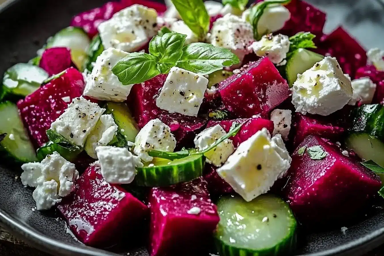 Vibrant beet salad with feta cheese and cucumbers in a bowl