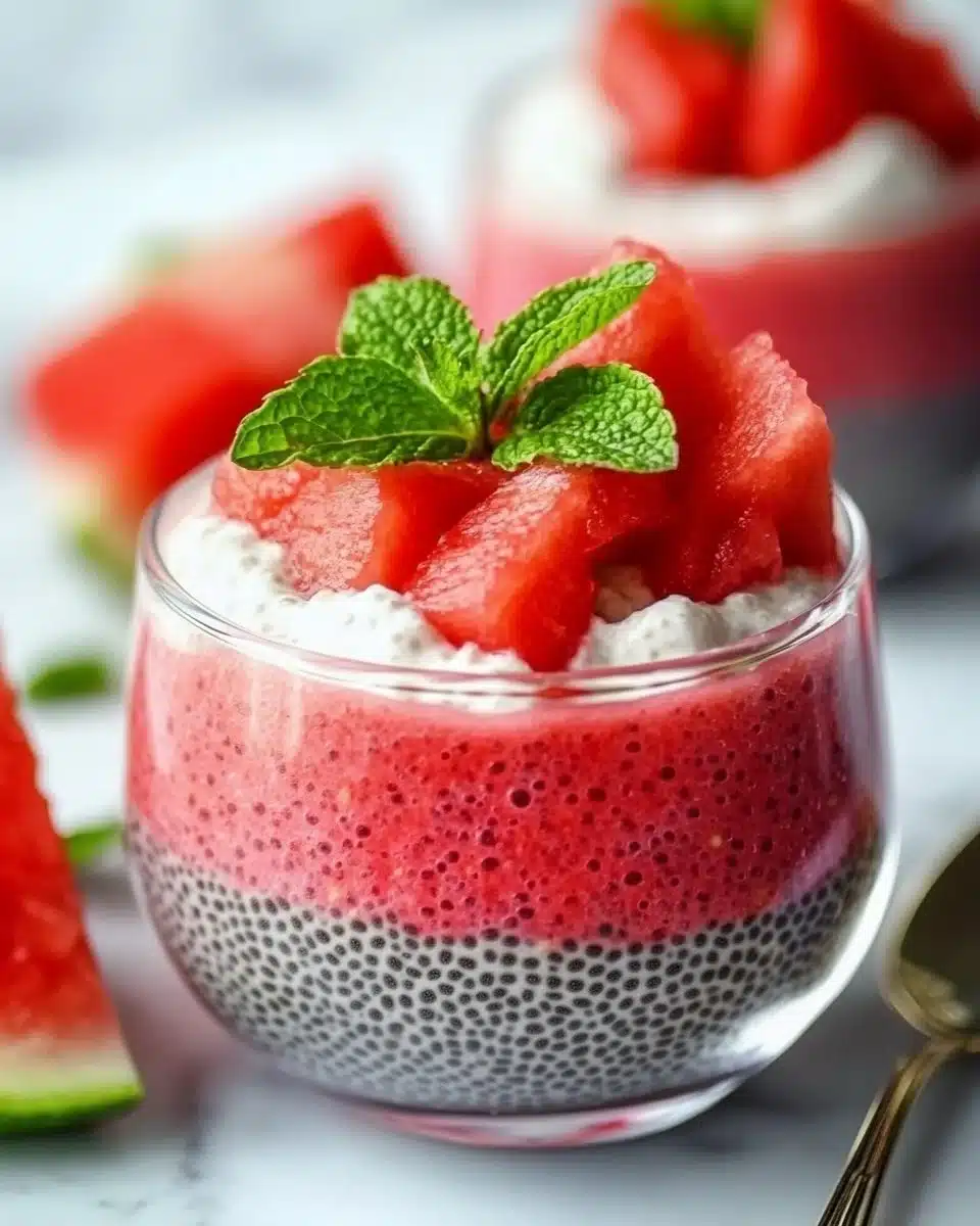 Bowl of watermelon chia pudding topped with fresh watermelon slices and mint leaves