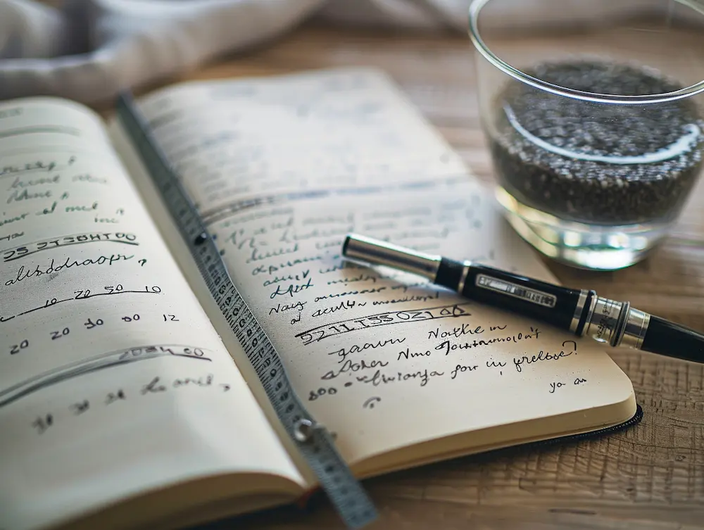 weight loss tracking journal showing 3-week tadpole water recipe testing results with daily measurements and notes