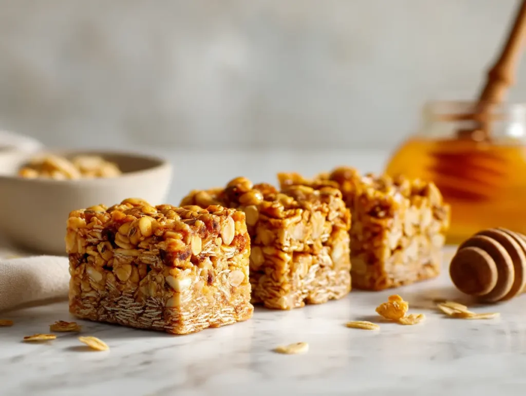 Four homemade 3 ingredient cereal bar squares in a row on a white marble counter