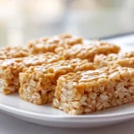 Golden 3 ingredient cereal bars stacked on a white plate on a clean marble counter