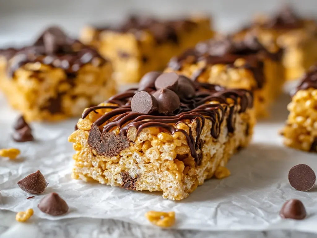 3 ingredient cereal bars chocolate version with dark chocolate drizzle on white parchment