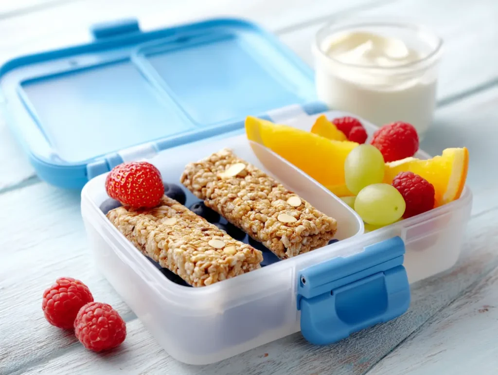 Homemade cereal bars packed in a lunchbox with fruit for a healthy school snack