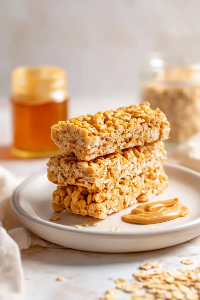 Stack of homemade 3 ingredient cereal bars on a white plate with honey jar and peanut butter