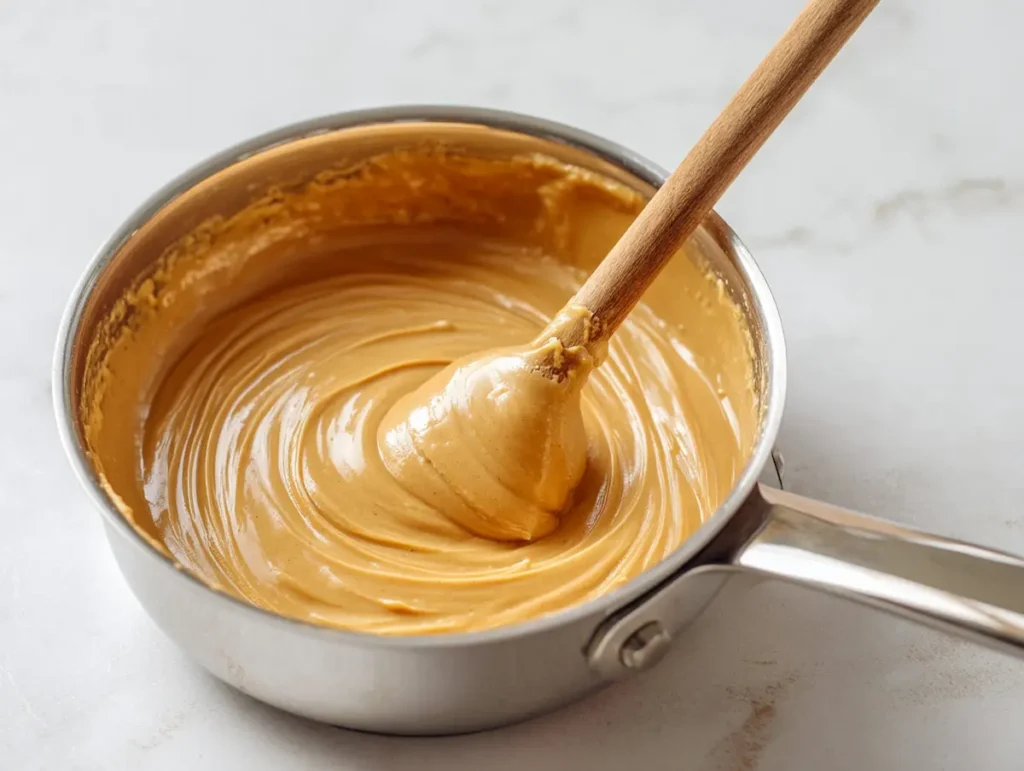 Peanut butter and honey melting together in a saucepan for homemade cereal bars recipe