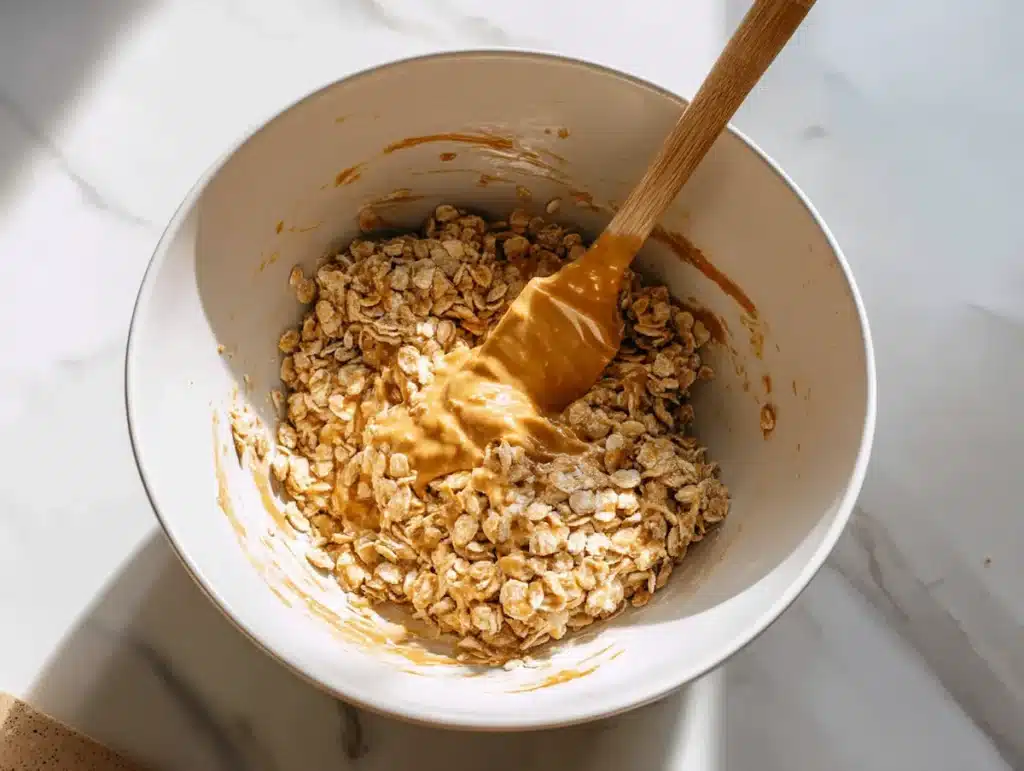Cereal being folded with peanut butter honey mixture in a white bowl for cereal bars recipe
