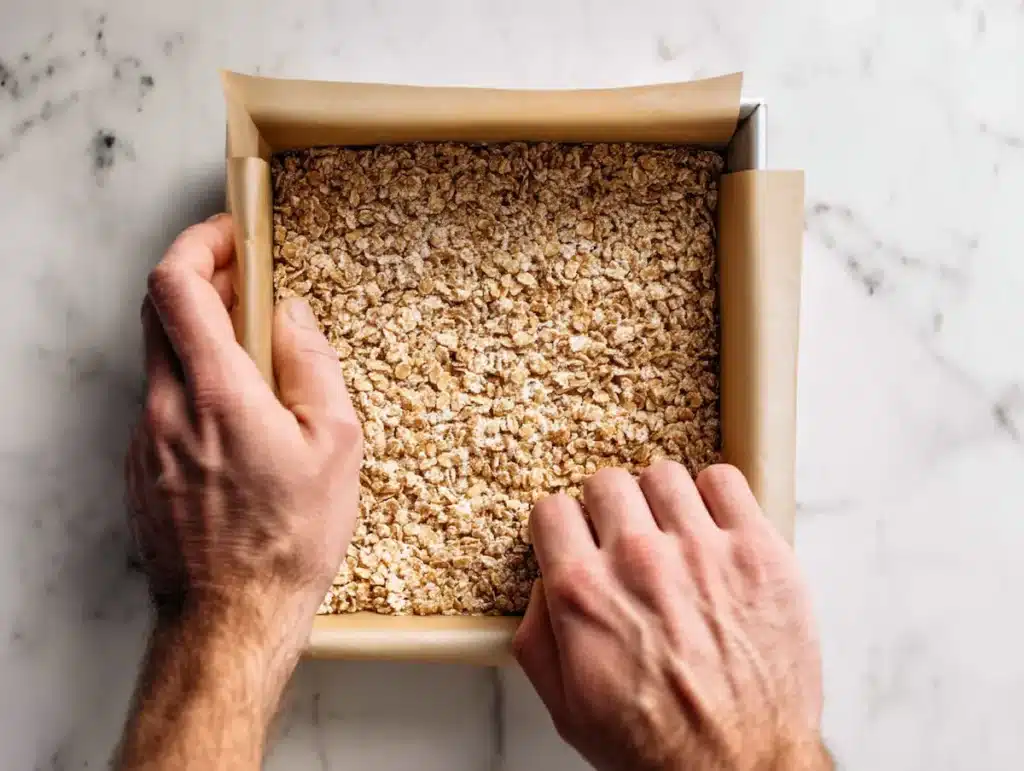Pressing the no bake cereal bar mixture firmly into a parchment lined pan