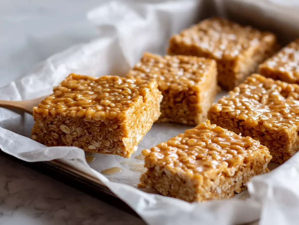 Chilled cereal bar slab being lifted from pan using parchment paper handles