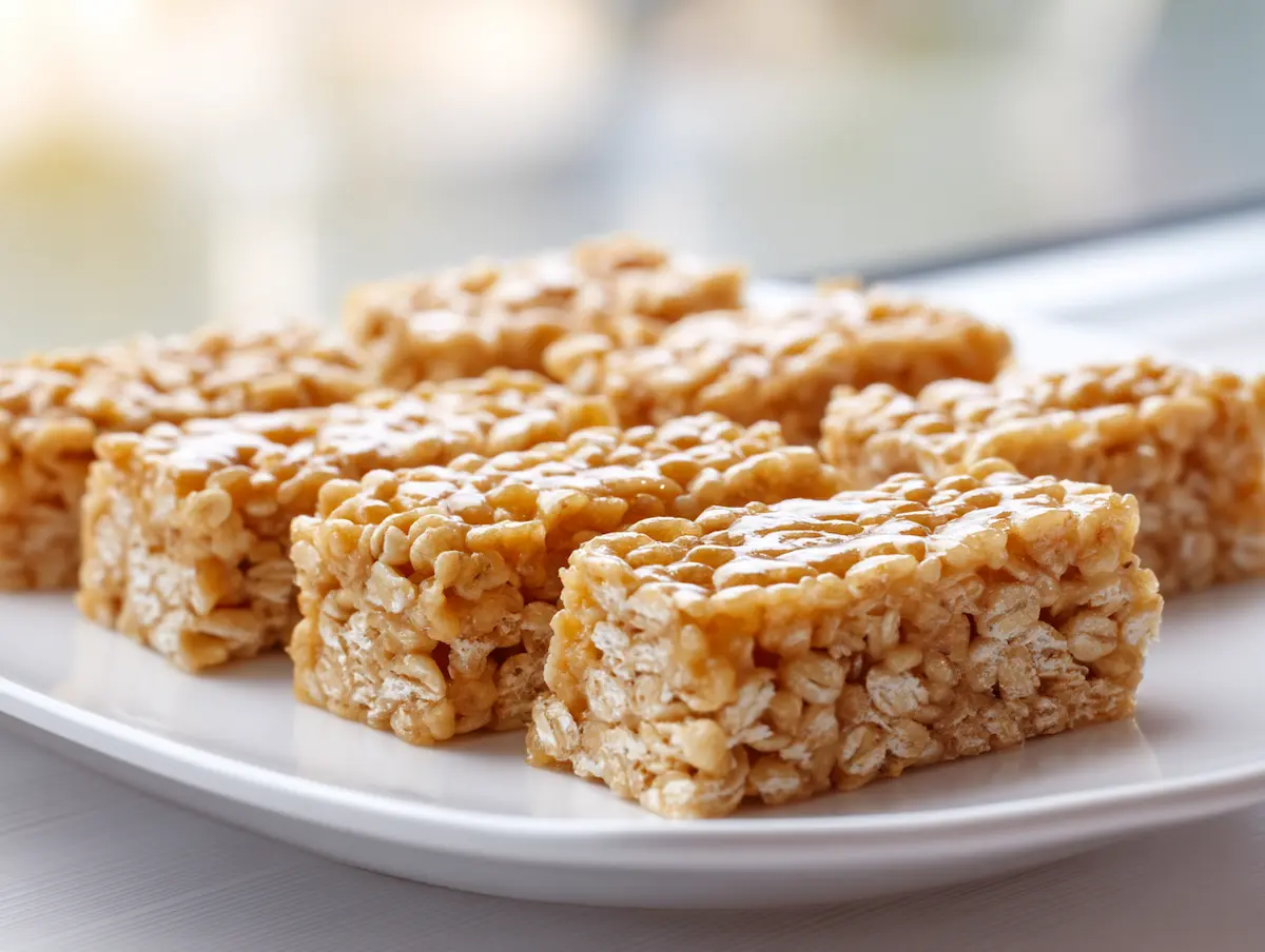 Golden 3 ingredient cereal bars stacked on a white plate on a clean marble counter
