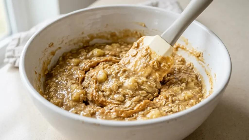 Thick batter for 4 ingredient banana muffins being mixed in a white bowl