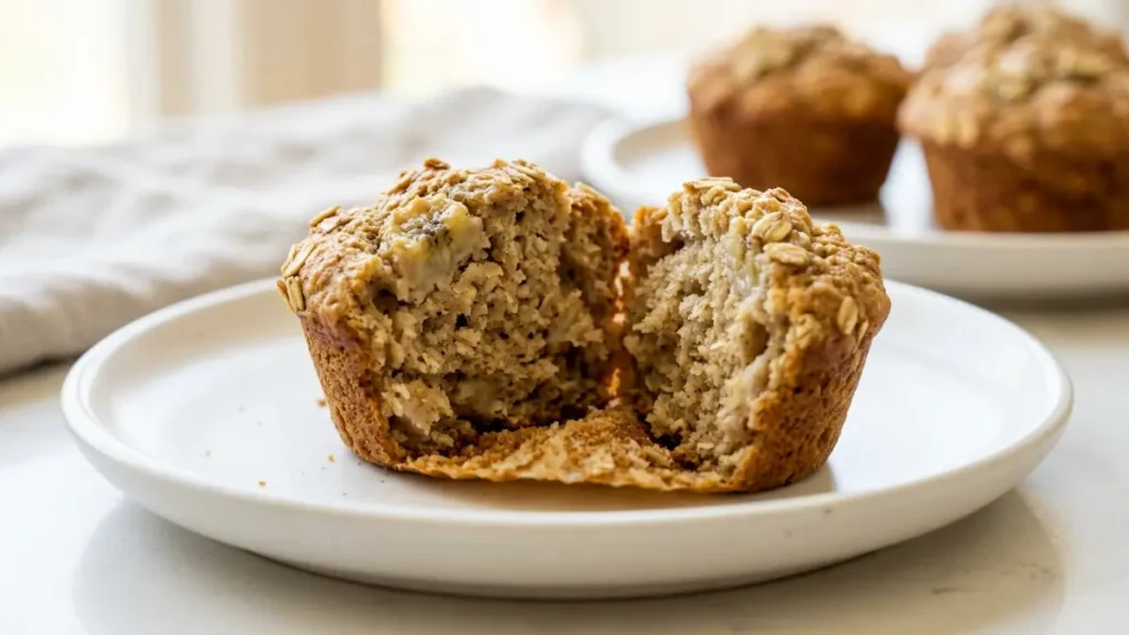 Inside texture of a 4 ingredient banana muffin torn open on a white plate