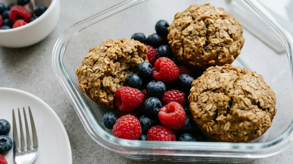 Meal prep container with 4 ingredient banana muffins and fresh fruit