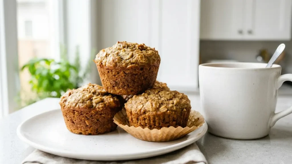 4 ingredient banana muffins on a white plate with a mug of tea in a bright kitchen
