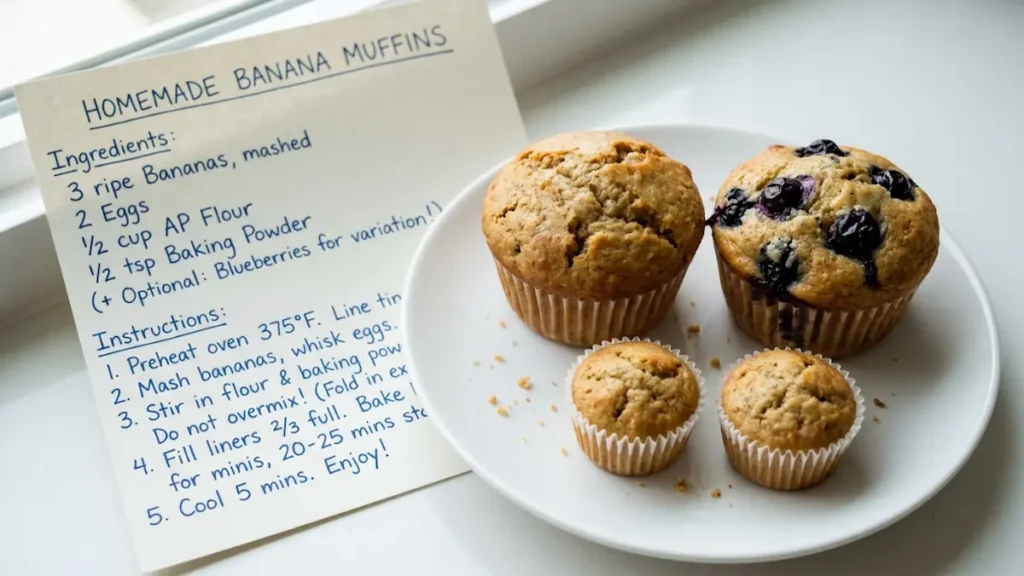 Assorted 4 ingredient banana muffins including blueberry and mini baby version on white plate