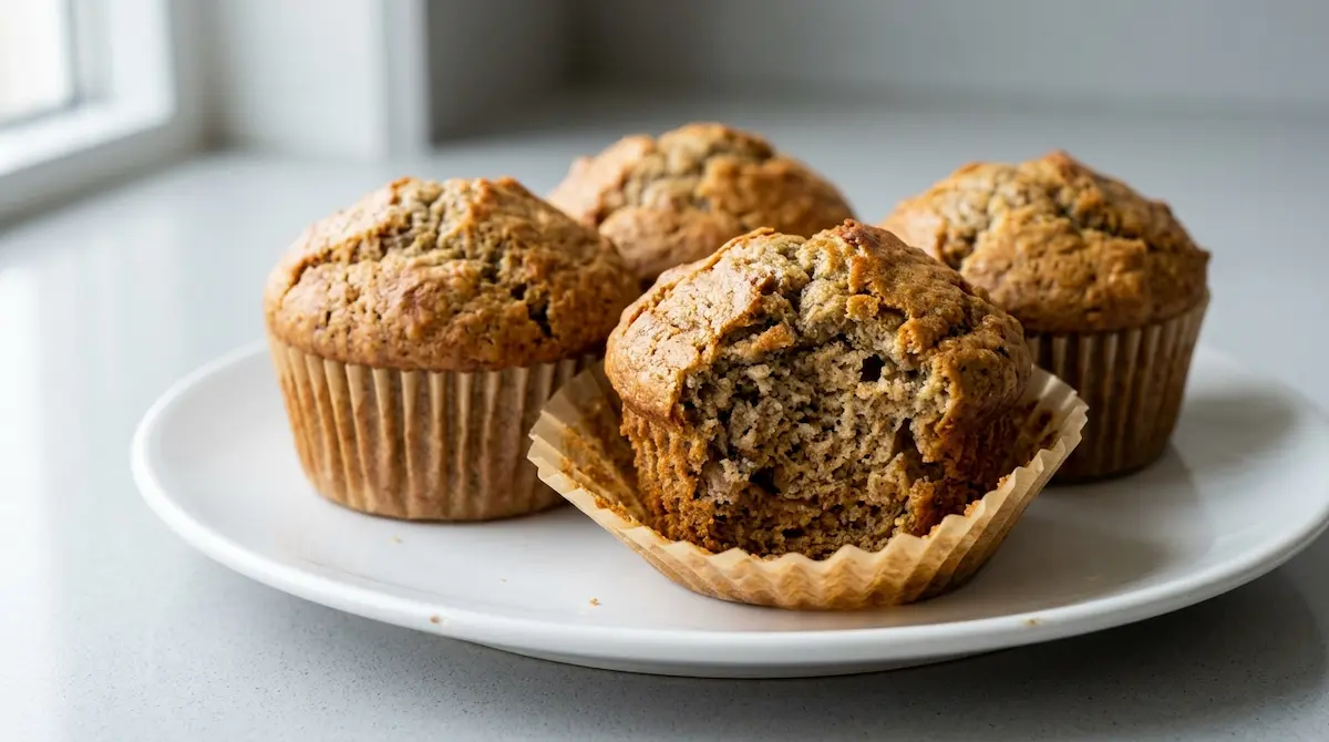 Ultra close-up of 4 ingredient banana muffins on a white plate in natural light