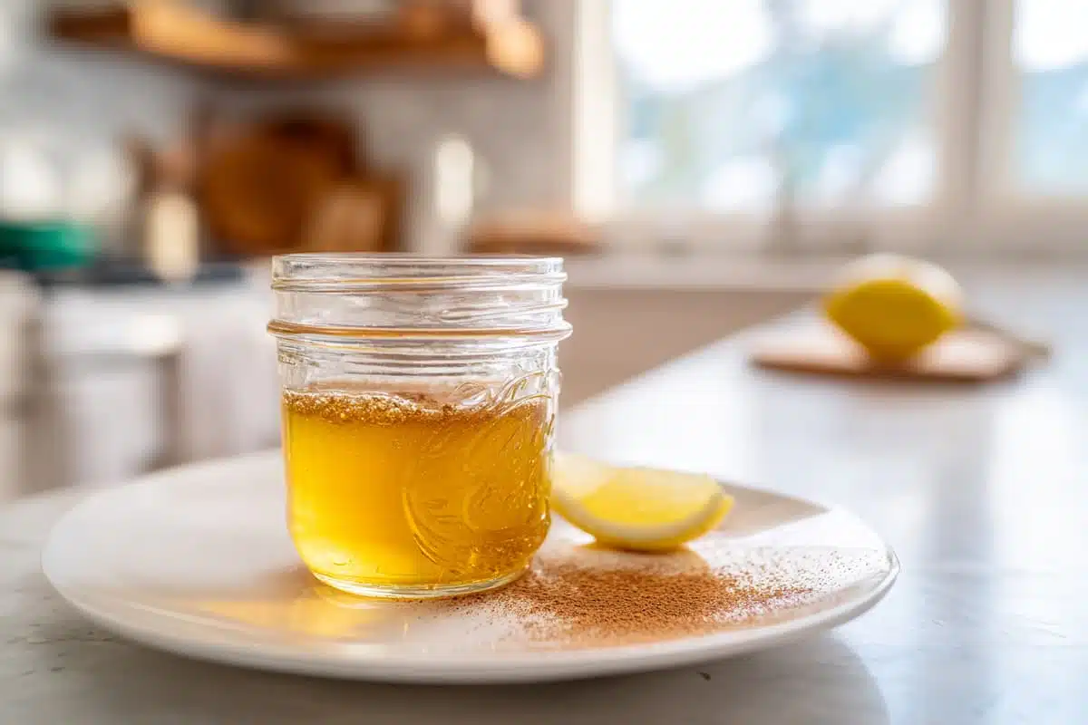 Close-up of the Ben Carson honey recipe in a small glass jar on a white plate with cinnamon and lemon.