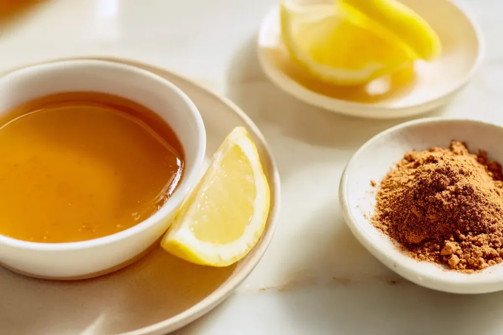 Ben-Carson-Honey-Recipe-Ingredients-Closeup Ingredients for the Ben Carson honey recipe arranged on a white plate: honey, cinnamon, and lemon.