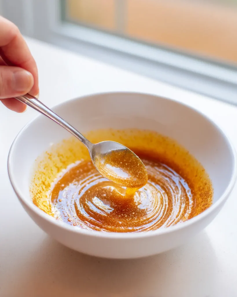 Ben-Carson-Honey-Recipe-Mixing-Step Hand stirring the Ben Carson honey recipe mixture in a white bowl on a light countertop.