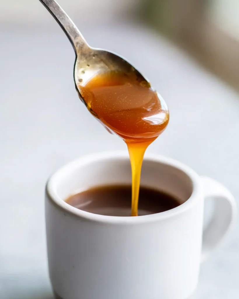 Ben-Carson-Honey-Recipe-Serving-Teaspoon Teaspoon of the Ben Carson honey recipe held above a white mug of warm tea.
