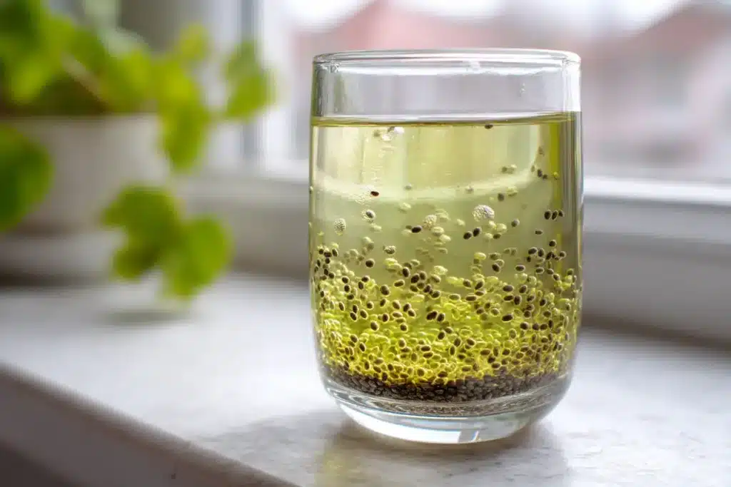 Chia seeds blooming in a glass of green tea as first step of natural Saxenda drink recipe.