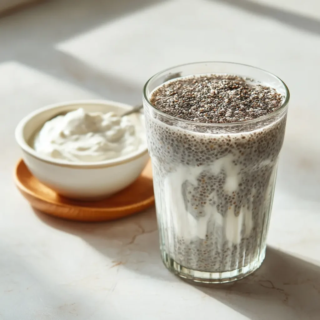 Dairy free natural Saxenda drink made with plant based yogurt and chia seeds in a white bowl.